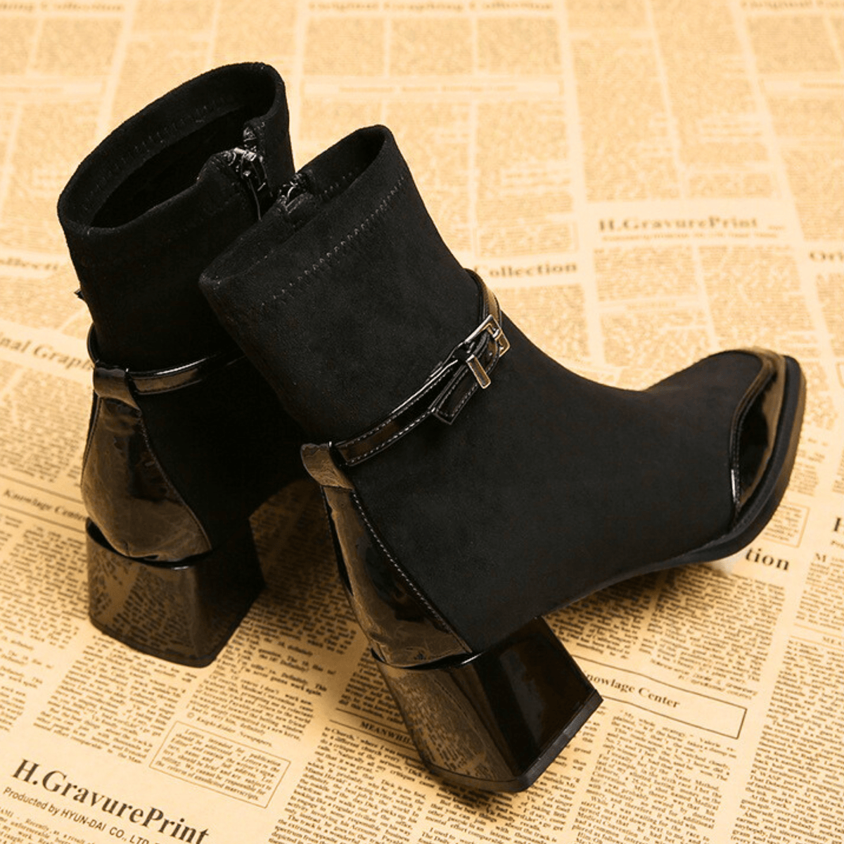 Square toe suede ankle boots with patent trim, buckle strap and block heel - view 9