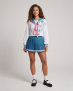 Women's bunny sailor Halloween costume with blue sailor collar, pink neck scarf and pleated mini skirt