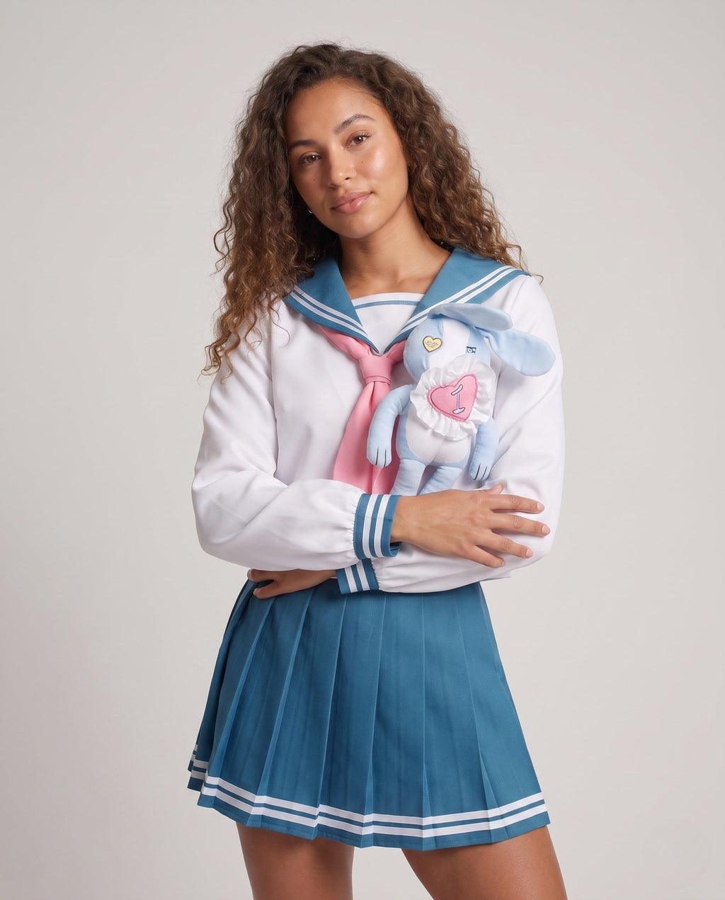 Women's bunny sailor Halloween costume with blue sailor collar, pink neck scarf and pleated mini skirt - view 2