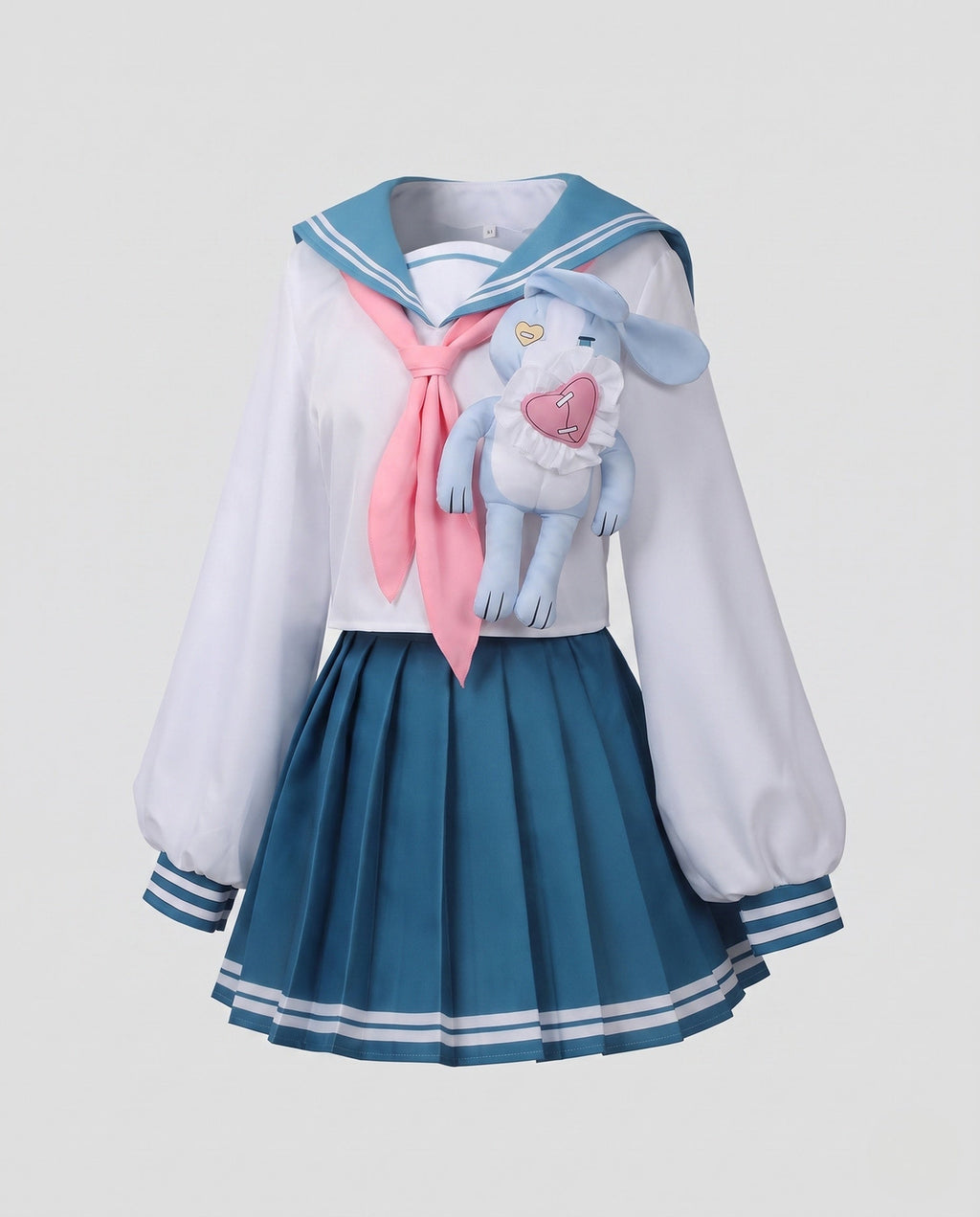 Women's bunny sailor Halloween costume with blue sailor collar, pink neck scarf and pleated mini skirt - view 5