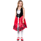 Girl wearing a fairytale costume with red velvet hooded cape and red satin dress with black lace-up bodice - view 3