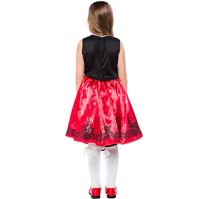Girl wearing a fairytale costume with red velvet hooded cape and red satin dress with black lace-up bodice - view 4