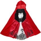 Girl wearing a fairytale costume with red velvet hooded cape and red satin dress with black lace-up bodice - view 5