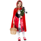 Girl wearing a fairytale costume with red velvet hooded cape and red satin dress with black lace-up bodice - view 6