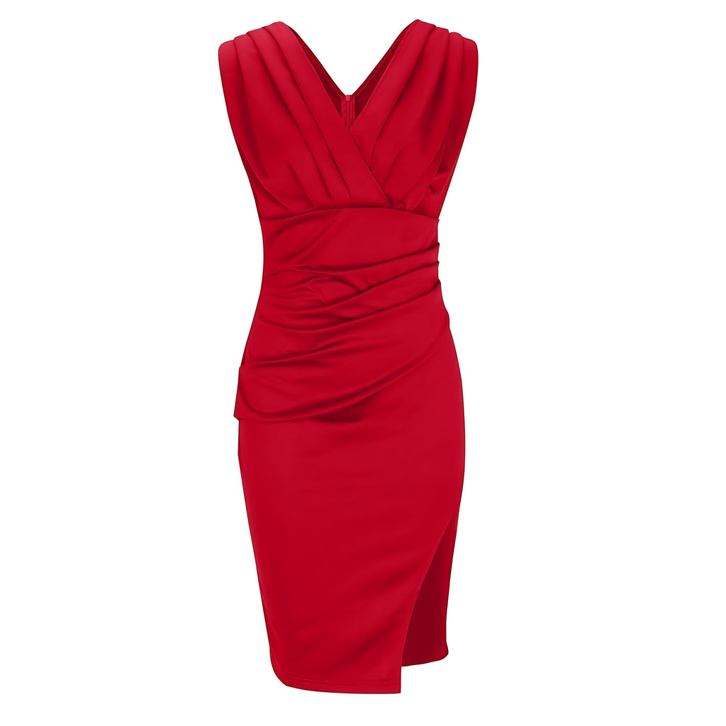 Sleeveless pleated V-neck bodycon cocktail midi dress with ruched waist and side slit - view 10