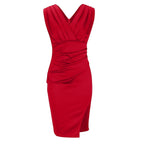 Sleeveless pleated V-neck bodycon cocktail midi dress with ruched waist and side slit - view 10
