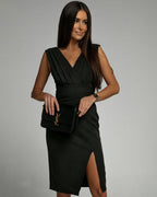Sleeveless pleated V-neck bodycon cocktail midi dress with ruched waist and side slit - view 14