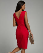 Sleeveless pleated V-neck bodycon cocktail midi dress with ruched waist and side slit - view 2