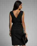 Sleeveless pleated V-neck bodycon cocktail midi dress with ruched waist and side slit - view 5