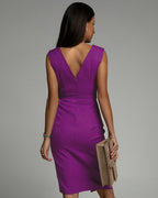 Sleeveless pleated V-neck bodycon cocktail midi dress with ruched waist and side slit - view 8