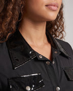 Women's black police Halloween costume mini dress with patent-look trim, grommet belt and cap - view 2