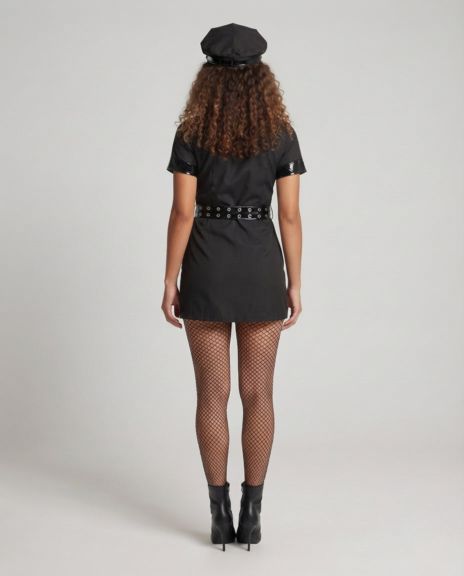 Women's black police Halloween costume mini dress with patent-look trim, grommet belt and cap - view 3