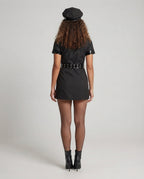 Women's black police Halloween costume mini dress with patent-look trim, grommet belt and cap - view 3