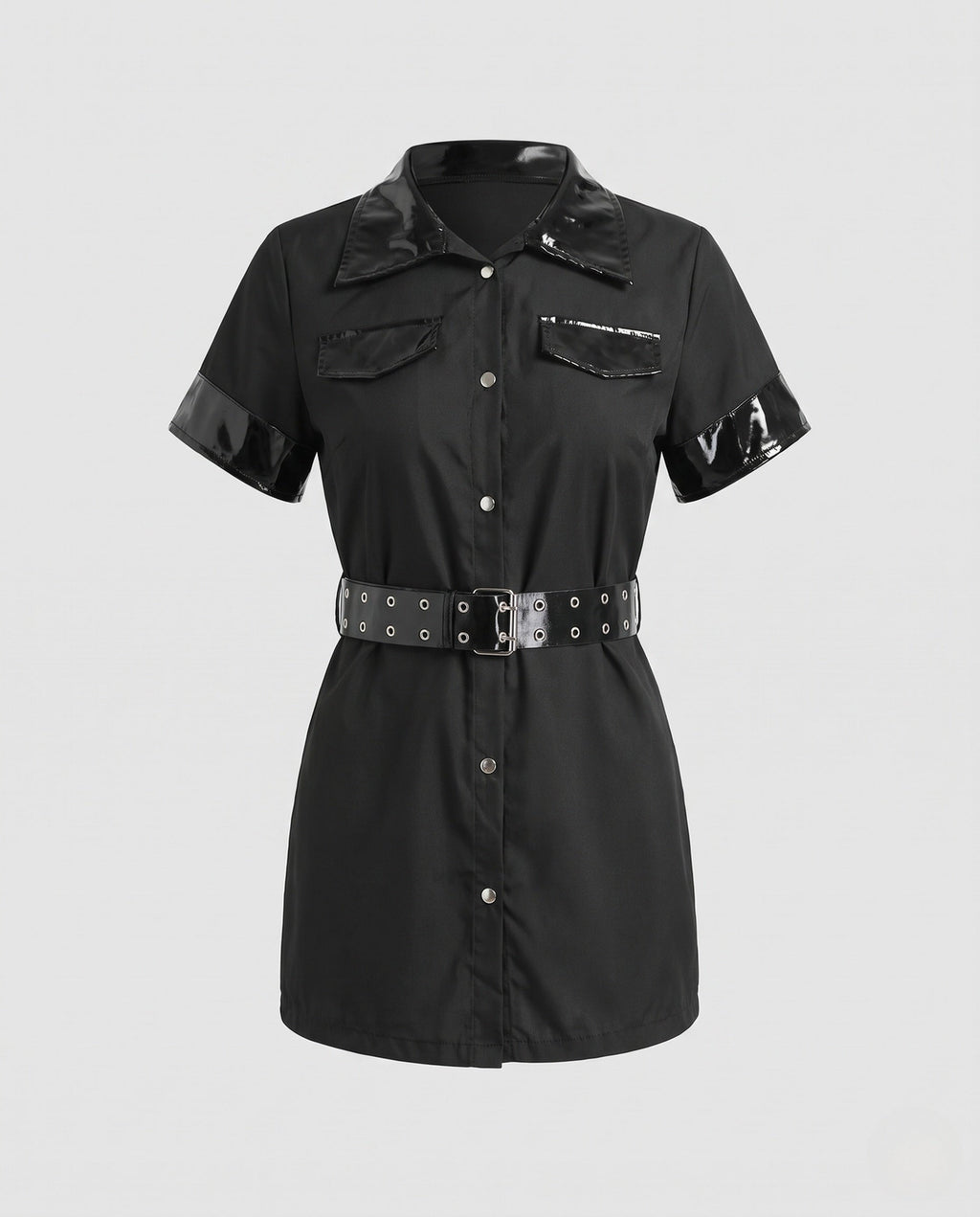 Women's black police Halloween costume mini dress with patent-look trim, grommet belt and cap - view 4