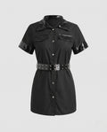 Women's black police Halloween costume mini dress with patent-look trim, grommet belt and cap - view 4