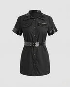 Women's black police Halloween costume mini dress with patent-look trim, grommet belt and cap - view 4