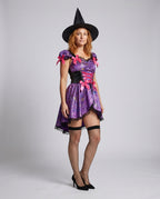 Purple satin witch costume dress with iridescent spider web print, pink lace-up corset front and black lace trim