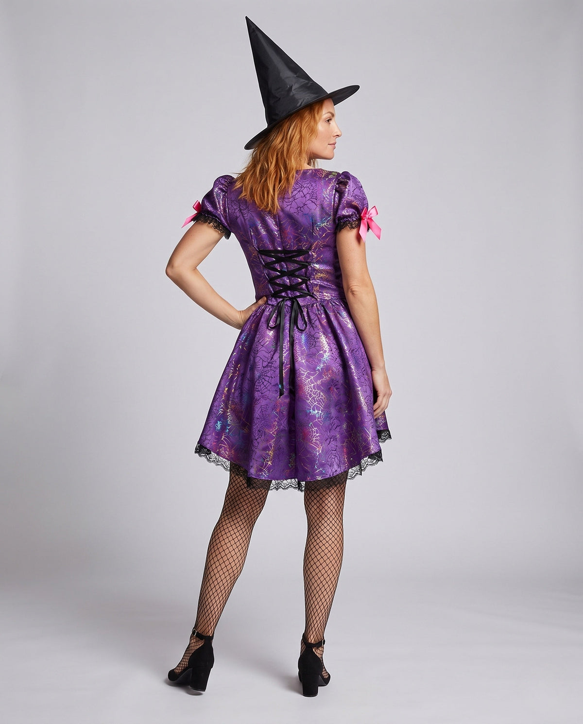 Purple satin witch costume dress with iridescent spider web print, pink lace-up corset front and black lace trim - view 3