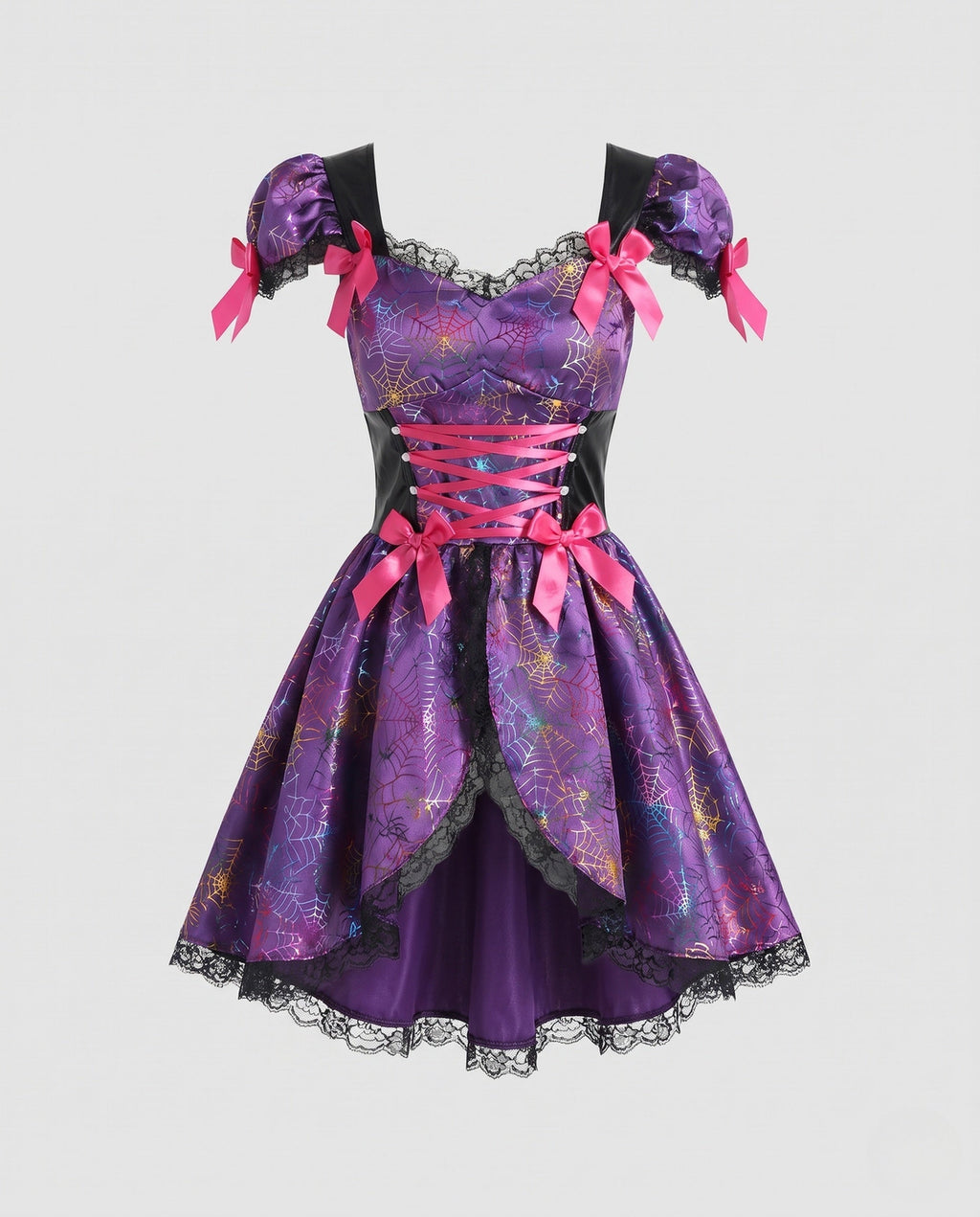Purple satin witch costume dress with iridescent spider web print, pink lace-up corset front and black lace trim - view 4