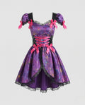 Purple satin witch costume dress with iridescent spider web print, pink lace-up corset front and black lace trim - view 4