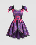 Purple satin witch costume dress with iridescent spider web print, pink lace-up corset front and black lace trim - view 4