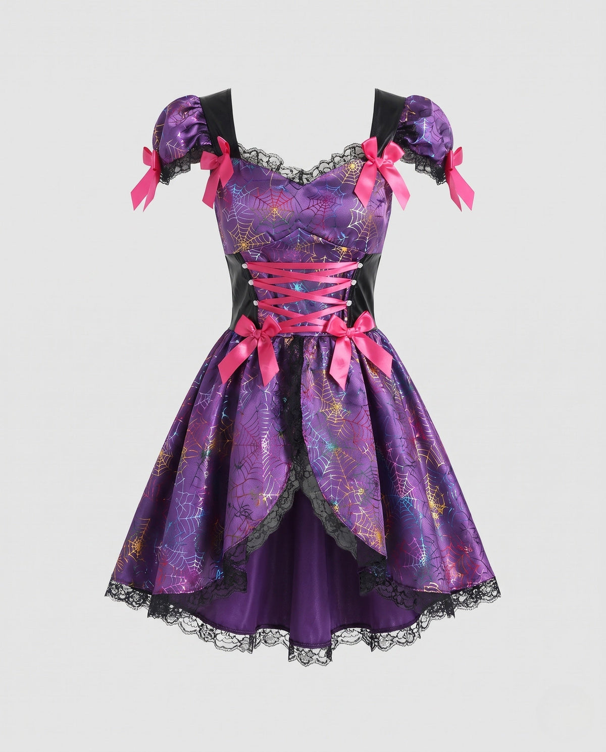 Purple satin witch costume dress with iridescent spider web print, pink lace-up corset front and black lace trim - view 4