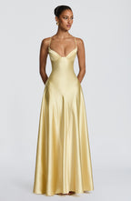 Satin formal maxi dress with cupped bodice and lace-up corset back