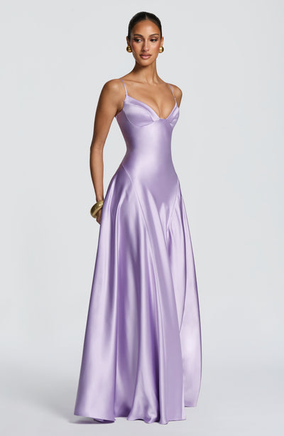 Satin formal maxi dress with cupped bodice and lace-up corset back - view 10