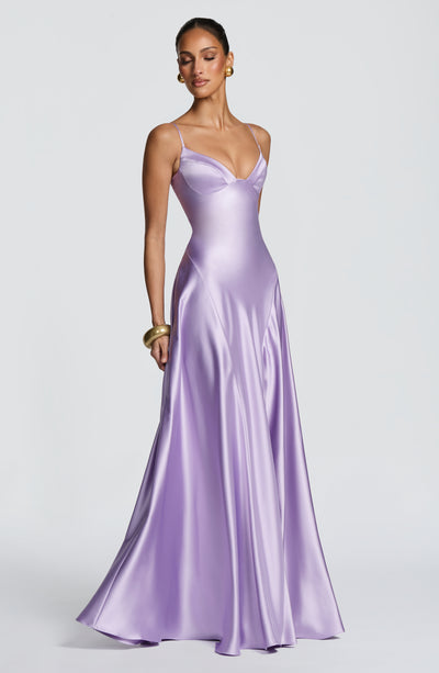 Satin formal maxi dress with cupped bodice and lace-up corset back - view 11