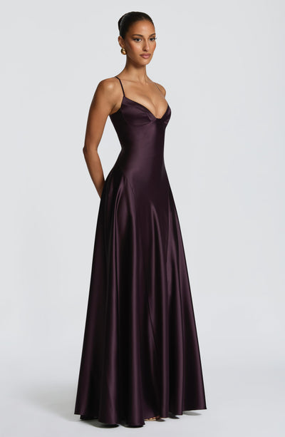 Satin formal maxi dress with cupped bodice and lace-up corset back - view 12