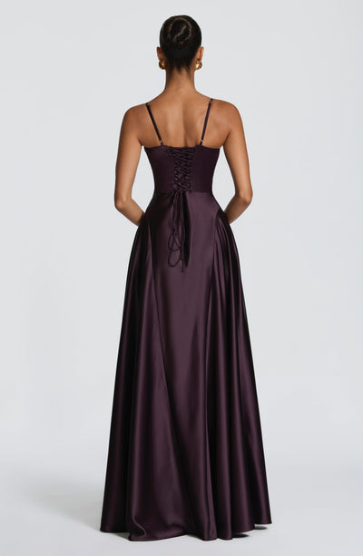 Satin formal maxi dress with cupped bodice and lace-up corset back - view 13