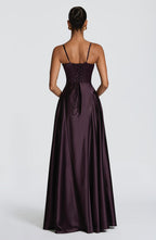 Satin formal maxi dress with cupped bodice and lace-up corset back - view 13