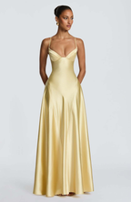 Satin formal maxi dress with cupped bodice and lace-up corset back - view 15