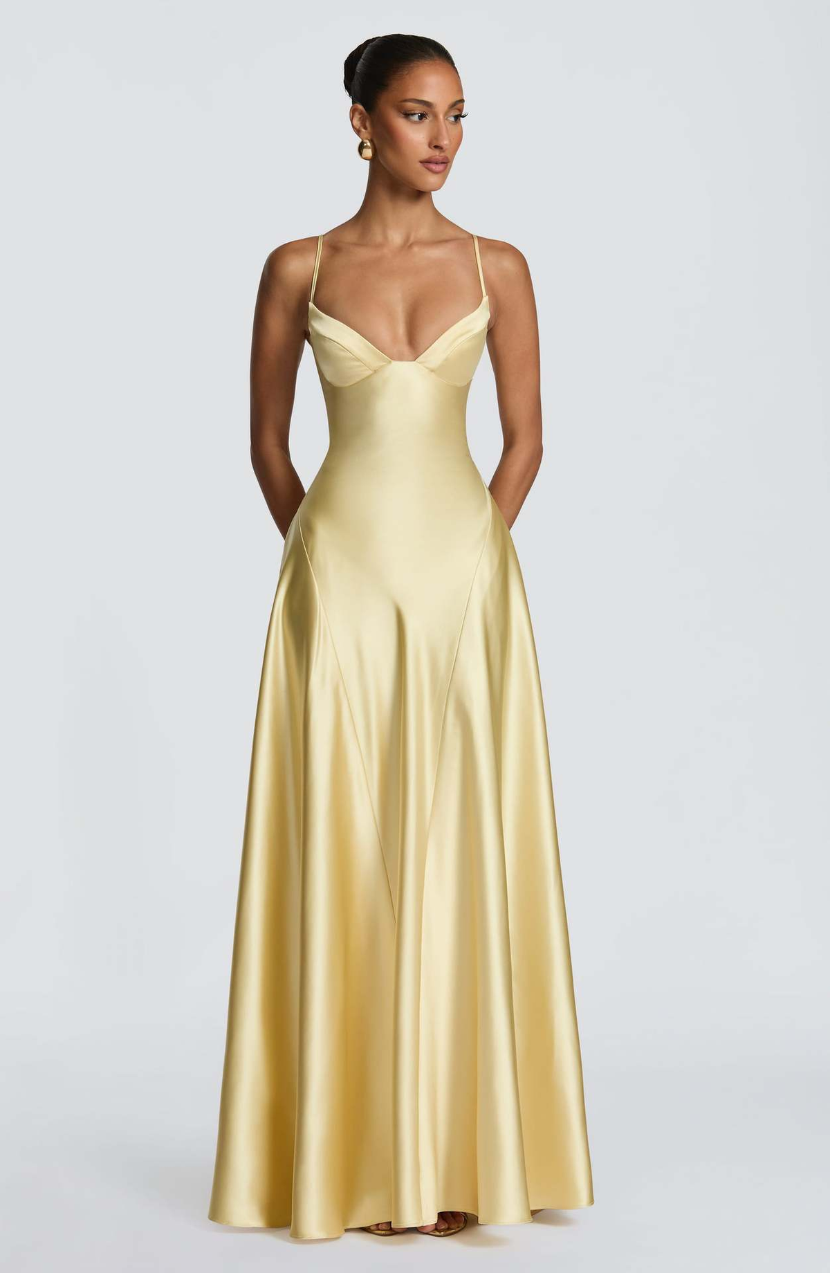 Satin formal maxi dress with cupped bodice and lace-up corset back - view 15