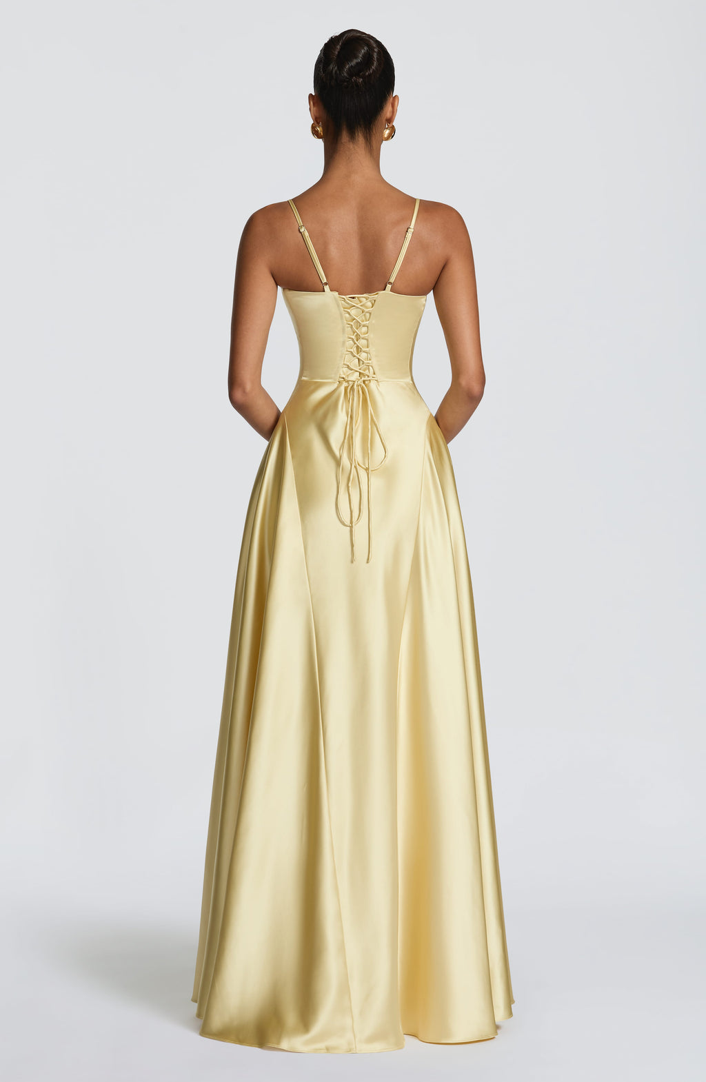 Satin formal maxi dress with cupped bodice and lace-up corset back - view 2