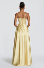 Satin formal maxi dress with cupped bodice and lace-up corset back - view 2