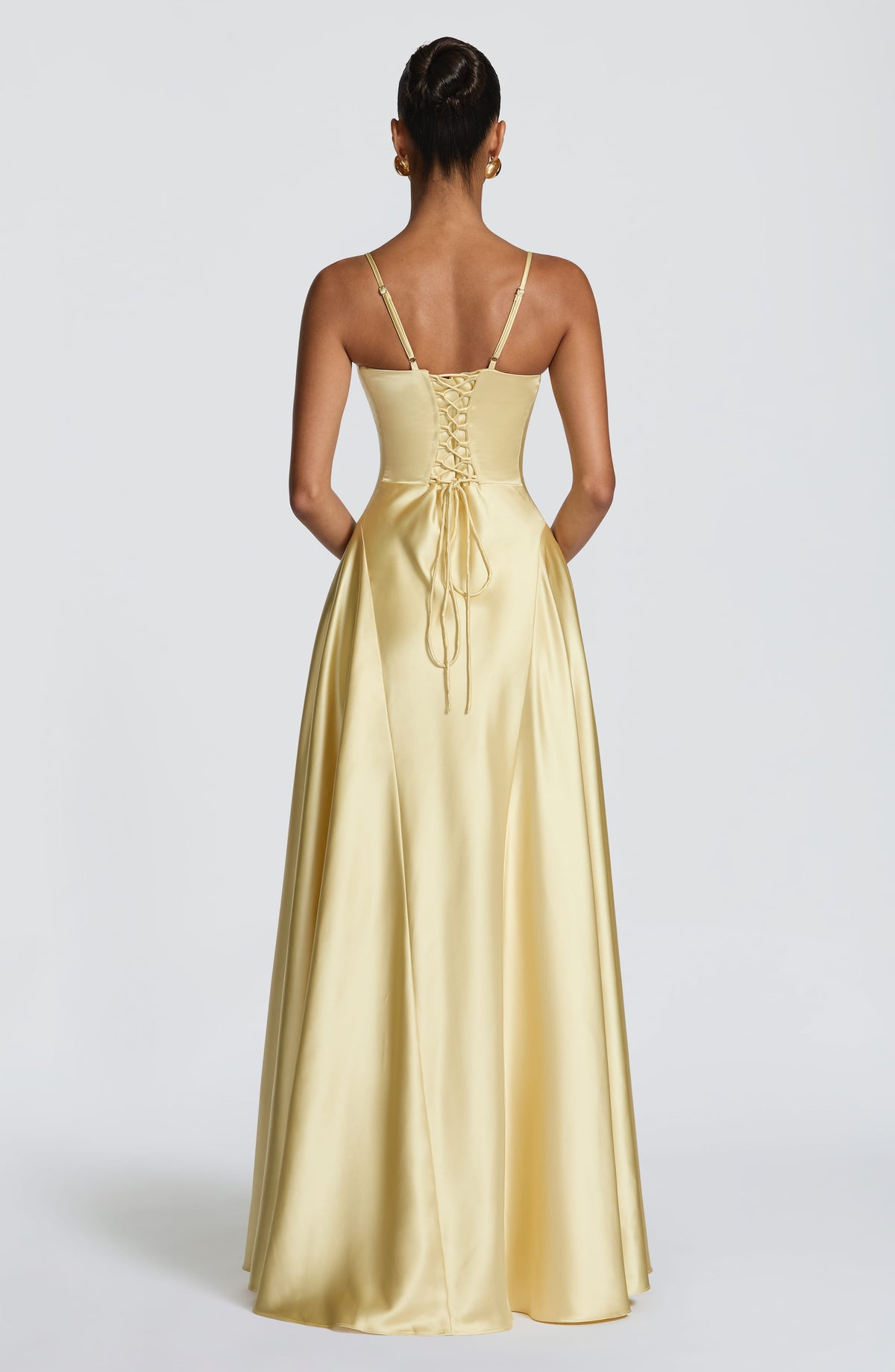 Satin formal maxi dress with cupped bodice and lace-up corset back - view 2