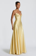 Satin formal maxi dress with cupped bodice and lace-up corset back - view 3