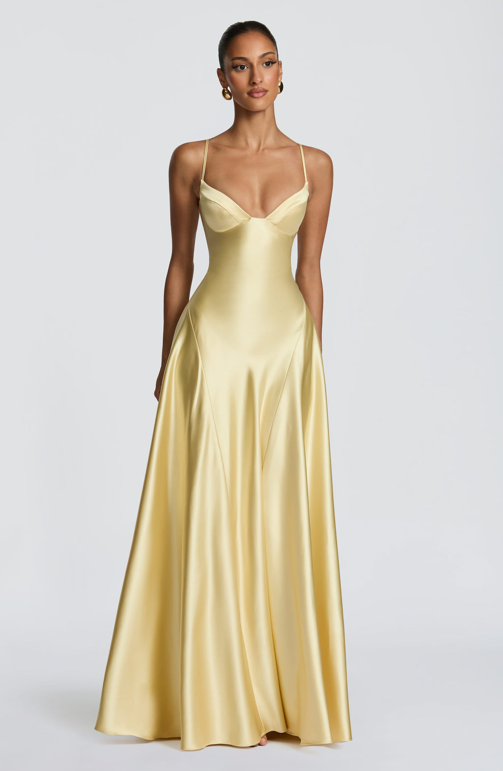 Satin formal maxi dress with cupped bodice and lace-up corset back - view 5