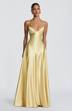 Satin formal maxi dress with cupped bodice and lace-up corset back - view 5