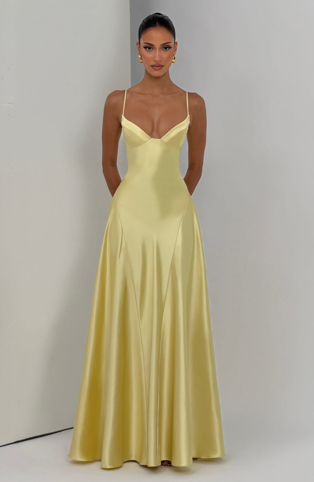 Satin formal maxi dress with cupped bodice and lace-up corset back - view 6