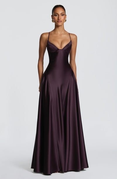 Satin formal maxi dress with cupped bodice and lace-up corset back - view 7