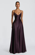 Satin formal maxi dress with cupped bodice and lace-up corset back - view 7