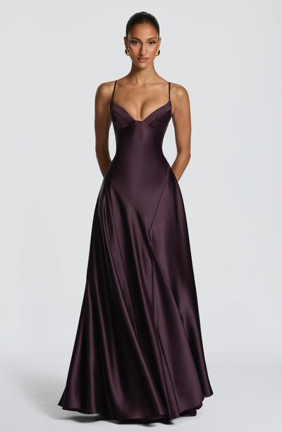 Satin formal maxi dress with cupped bodice and lace-up corset back - view 9