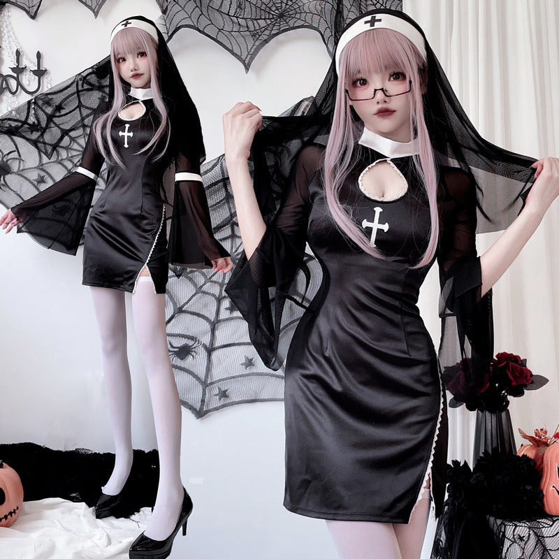 Women's black nun Halloween costume mini dress with white collar, cross print and sheer bell sleeves