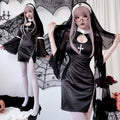 Women's black nun Halloween costume mini dress with white collar, cross print and sheer bell sleeves