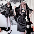 Women's black nun Halloween costume mini dress with white collar, cross print and sheer bell sleeves