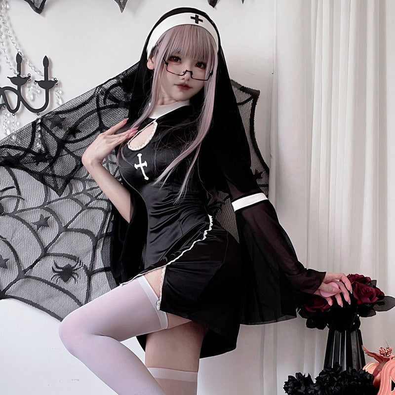 Women's black nun Halloween costume mini dress with white collar, cross print and sheer bell sleeves - view 2