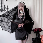 Women's black nun Halloween costume mini dress with white collar, cross print and sheer bell sleeves - view 3