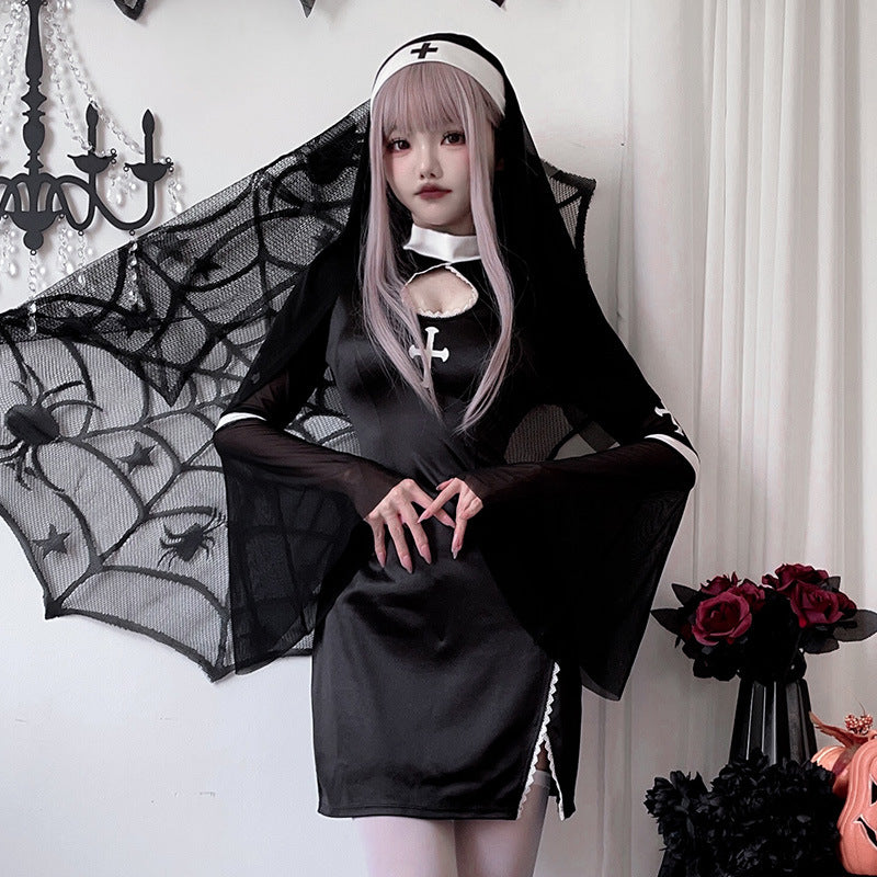 Women's black nun Halloween costume mini dress with white collar, cross print and sheer bell sleeves - view 3
